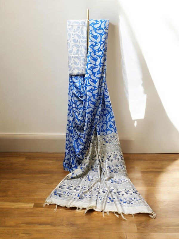 Blue Kalamkari Cotton Silk Saree with Unstitched Blouse Blue Kalamkari Cotton Silk Saree with Unstitched Blouse