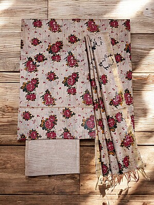 Maroon & Beige Kalamkari Unstitched Salwar Suit Dress Material with Dupatta