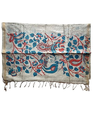 Maroon & Teal Kalamkari Print Cotton Silk Dupatta for Women