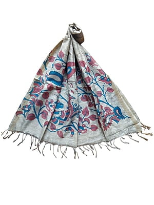 Kalamkari Print Wine & Teal Cotton Silk Dupatta for Women
