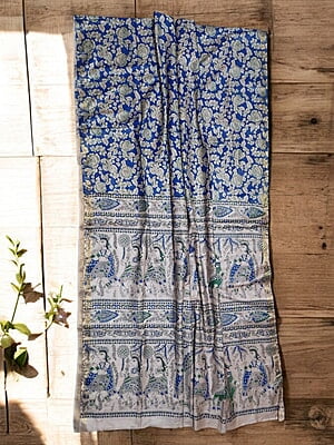 Indigo Kalamkari Print Saree with Unstitched Blouse Indigo Kalamkari Print Saree with Unstitched Blouse