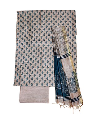 Teal Green Madhubani Print Unstitched Silk Salwar Suit with Dupatta Teal Green Madhubani Print Unstitched Silk Salwar Suit with Dupatta