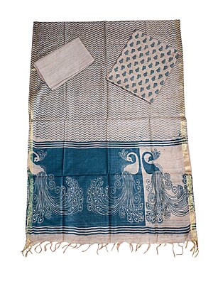 Teal Green Madhubani Print Unstitched Silk Salwar Suit with Dupatta Teal Green Madhubani Print Unstitched Silk Salwar Suit with Dupatta