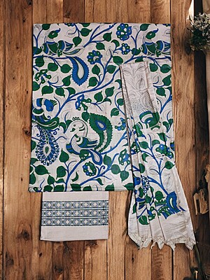 Green & cream kalamkari Unstitched Salwar Suit Dress Material with Dupatta
