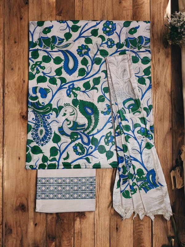 Green & cream kalamkari Unstitched Salwar Suit Dress Material with Dupatta Green & cream kalamkari Unstitched Salwar Suit Dress Material with Dupatta