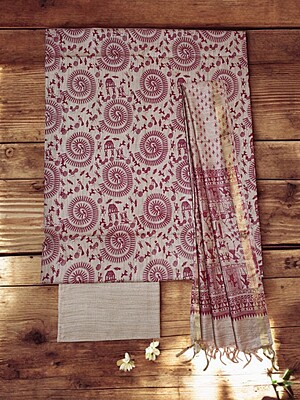 Maroon Kalamkari Unstitched Salwar Suit Dress Material with Dupatta