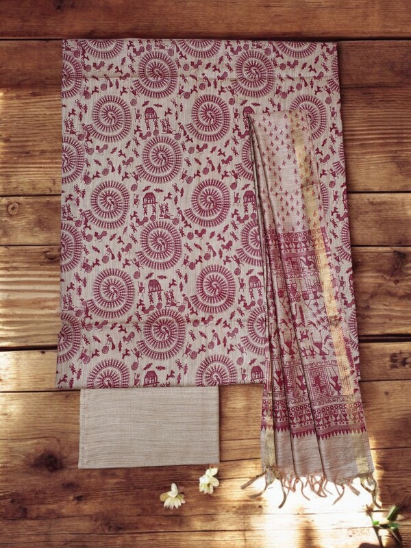 Maroon Kalamkari Unstitched Salwar Suit Dress Material with Dupatta