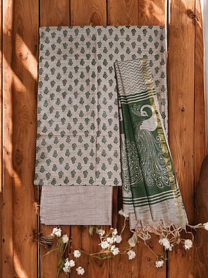 Green & Yellow Kalamkari Unstitched Salwar Suit Dress Material with Dupatta