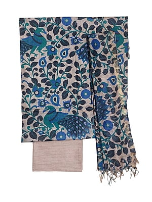 Blue & cream kalamkari Unstitched Salwar Suit Dress Material with Dupatta