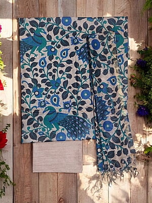 Blue & cream kalamkari Unstitched Salwar Suit Dress Material with Dupatta