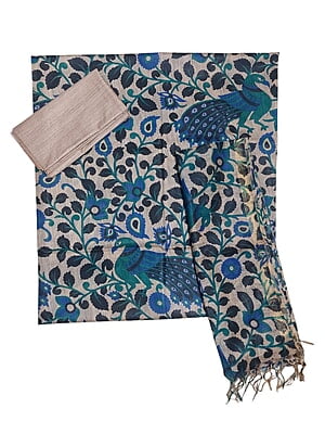 Blue & cream kalamkari Unstitched Salwar Suit Dress Material with Dupatta