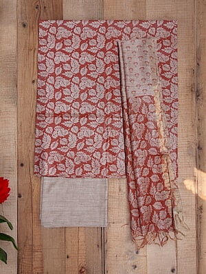 Kalamkari Print Red Unstitched Silk Salwar Suit Dress Material with Dupatta
