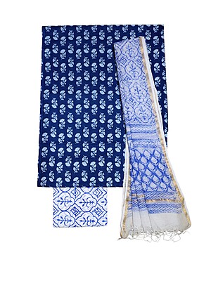 Indigo & White Unstitched Hand block Print Cotton Salwar Suit Set with Kota Doria Dupatta for Women