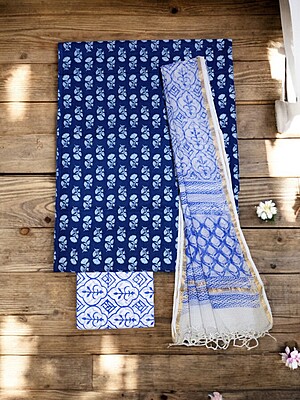 Indigo & White Unstitched Hand block Print Cotton Salwar Suit Set with Kota Doria Dupatta for Women