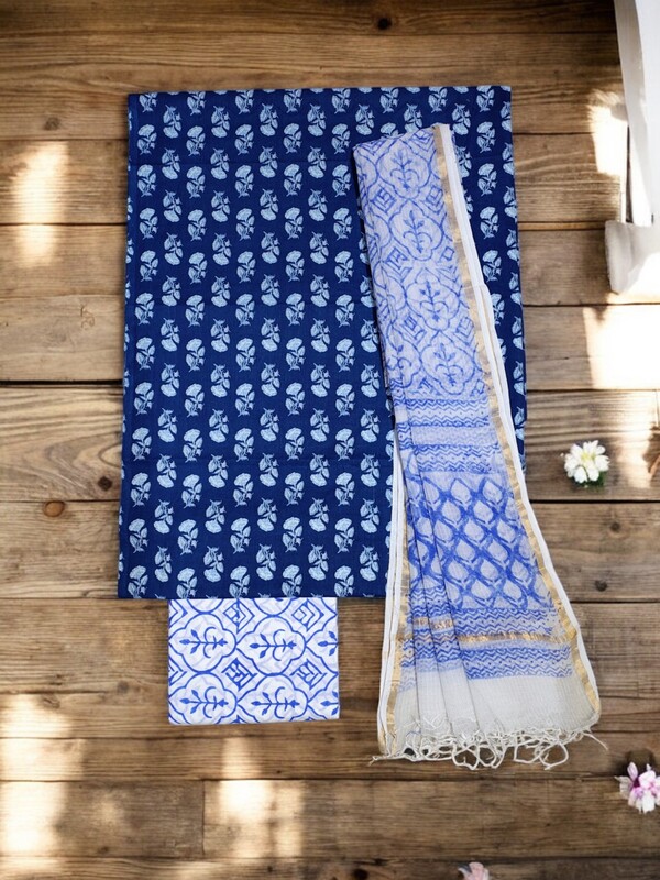 Indigo & White Unstitched Hand block Print Cotton Salwar Suit Set with Kota Doria Dupatta for Women