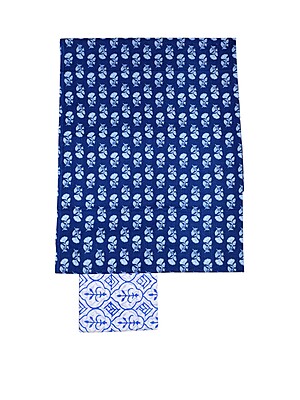 Indigo & White Unstitched Hand block Print Cotton Salwar Suit Set with Kota Doria Dupatta for Women