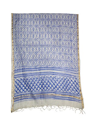Indigo & White Unstitched Hand block Print Cotton Salwar Suit Set with Kota Doria Dupatta for Women
