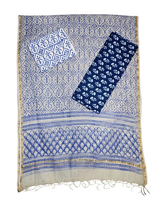 Indigo & White Unstitched Hand block Print Cotton Salwar Suit Set with Kota Doria Dupatta for Women