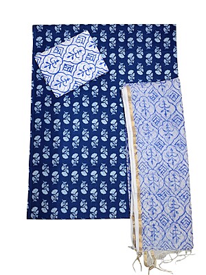 Indigo & White Unstitched Hand block Print Cotton Salwar Suit Set with Kota Doria Dupatta for Women