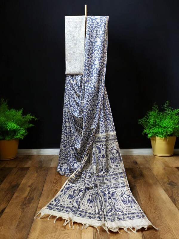 Purple Kalamkari Print Saree with Unstitched Blouse Purple Kalamkari Print Saree with Unstitched Blouse