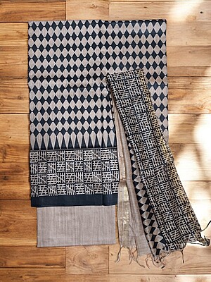 Black Madhubani Print Unstitched Katan Silk Salwar Suit with Dupatta