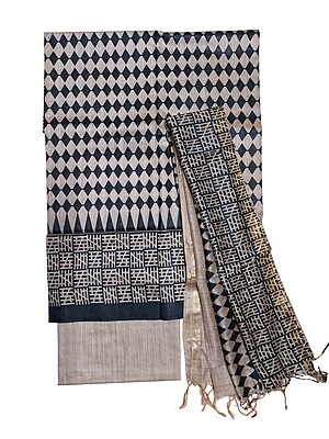 Black Madhubani Print Unstitched Katan Silk Salwar Suit with Dupatta Black Madhubani Print Unstitched Katan Silk Salwar Suit with Dupatta