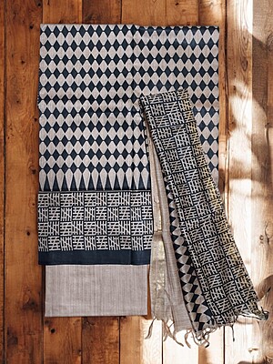 Black Madhubani Print Unstitched Katan Silk Salwar Suit with Dupatta Black Madhubani Print Unstitched Katan Silk Salwar Suit with Dupatta