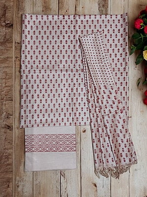 Maroon Madhubani Print Unstitched Silk Salwar Suit with Dupatta