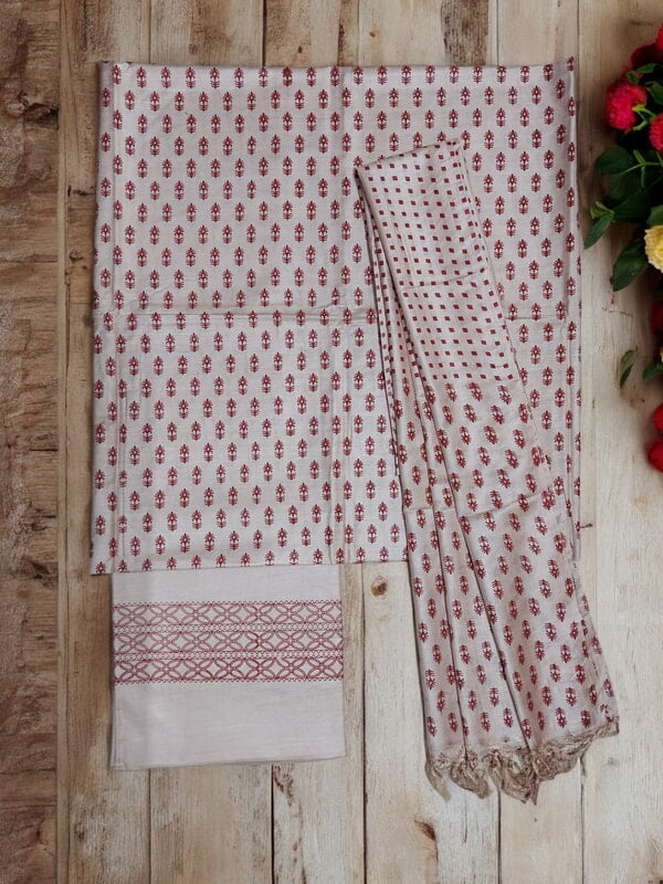 Maroon Madhubani Print Unstitched Silk Salwar Suit with Dupatta