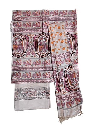 Orange & Pink Madhubani Print Unstitched Katan Silk Salwar Suit with Dupatta Orange & Pink Madhubani Print Unstitched Katan Silk Salwar Suit with Dupatta