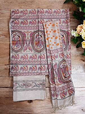 Orange & Pink Madhubani Print Unstitched Katan Silk Salwar Suit with Dupatta