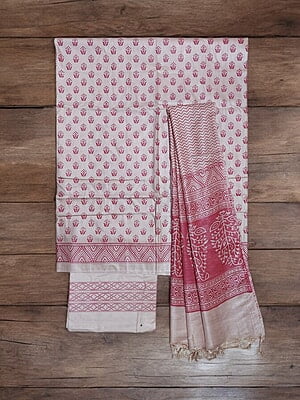 Pink Madhubani Print Unstitched Silk Salwar Suit with Dupatta