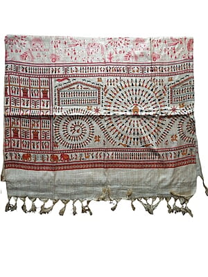 Red & Golden Madhubani Print Cotton Silk Dupatta for Women
