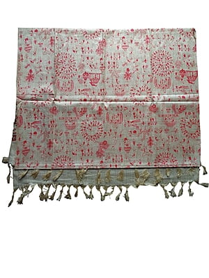 Red & Golden Madhubani Print Cotton Silk Dupatta for Women