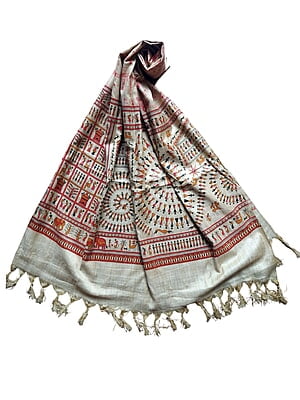 Red & Golden Madhubani Print Cotton Silk Dupatta for Women