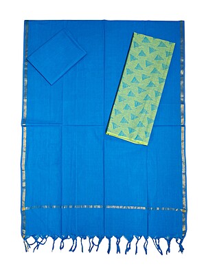 Green & Blue Handloom Mangalagiri Cotton Unstitched Salwar Suit with Ikkat Border for Women