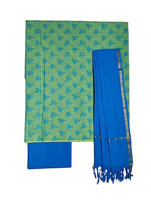 Green & Blue Handloom Mangalagiri Cotton Unstitched Salwar Suit with Ikkat Border for Women
