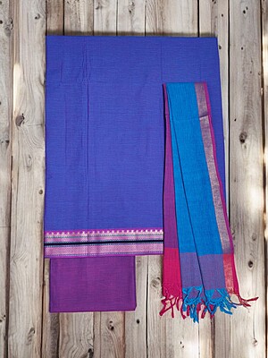 Blue & Purple Handloom Mangalagiri Cotton Solid Unstitched Salwar Suit Set with Dupatta for Women
