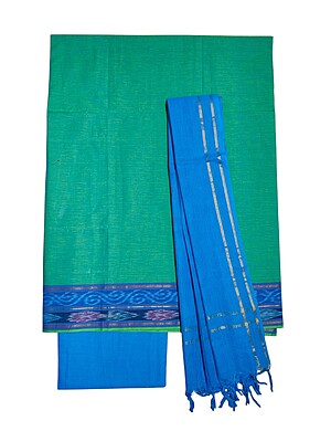 Green & Blue Handloom Mangalagiri Cotton Plain Unstitched Salwar Suit with Ikkat Border for Women Green & Blue Handloom Mangalagiri Cotton Plain Unstitched Salwar Suit with Ikkat Border for Women