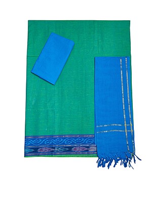 Green & Blue Handloom Mangalagiri Cotton Plain Unstitched Salwar Suit with Ikkat Border for Women Green & Blue Handloom Mangalagiri Cotton Plain Unstitched Salwar Suit with Ikkat Border for Women