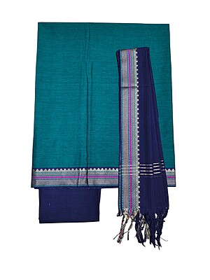 Green & Blue Mangalagiri Cotton Unstitched Salwar Suit Set with Dupatta for Women