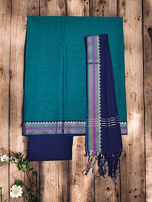 Green & Blue Mangalagiri Cotton Unstitched Salwar Suit Set with Dupatta for Women