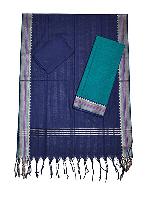 Green & Blue Mangalagiri Cotton Unstitched Salwar Suit Set with Dupatta for Women