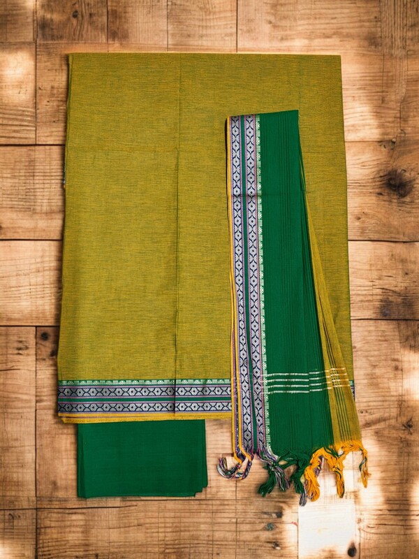 Olive Green Handloom Mangalagiri Cotton Solid Unstitched Salwar Suit Set with Dupatta for Women