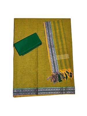 Olive Green Handloom Mangalagiri Cotton Solid Unstitched Salwar Suit Set with Dupatta for Women