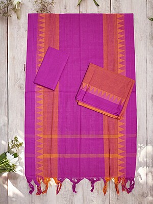 Orange & Pink Handloom Mangalagiri Cotton Plain Unstitched Salwar Suit with Temple Border for Women Orange & Pink Handloom Mangalagiri Cotton Plain Unstitched Salwar Suit with Temple Border for Women