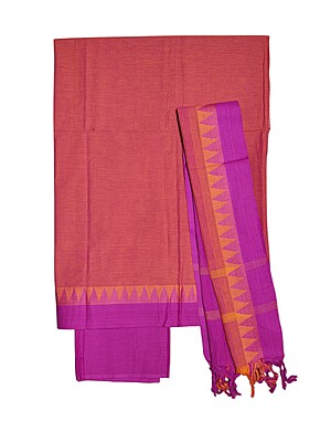 Orange & Pink Handloom Mangalagiri Cotton Plain Unstitched Salwar Suit with Temple Border for Women Orange & Pink Handloom Mangalagiri Cotton Plain Unstitched Salwar Suit with Temple Border for Women
