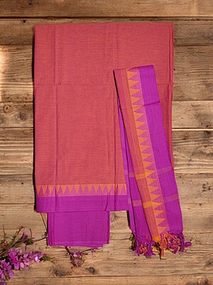 Orange & Pink Handloom Mangalagiri Cotton Plain Unstitched Salwar Suit with Temple Border for Women