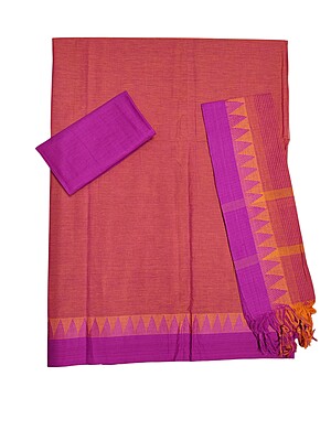 Orange & Pink Handloom Mangalagiri Cotton Plain Unstitched Salwar Suit with Temple Border for Women Orange & Pink Handloom Mangalagiri Cotton Plain Unstitched Salwar Suit with Temple Border for Women