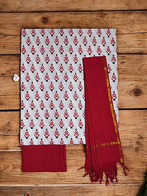 Red & White Handloom Mangalagiri Cotton Plain Unstitched Salwar Suit with Temple Border for Women